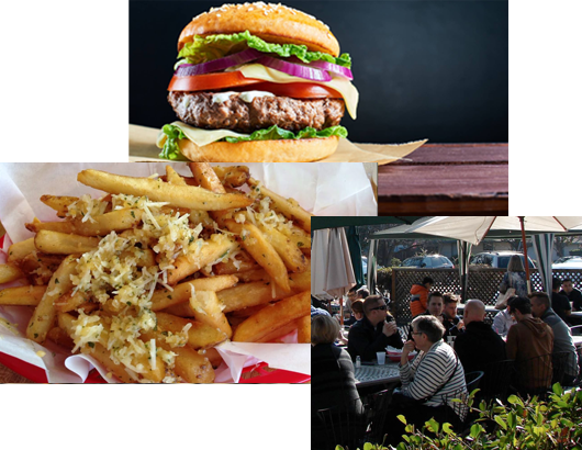 burger, french fries and restaurant outdoor seating area